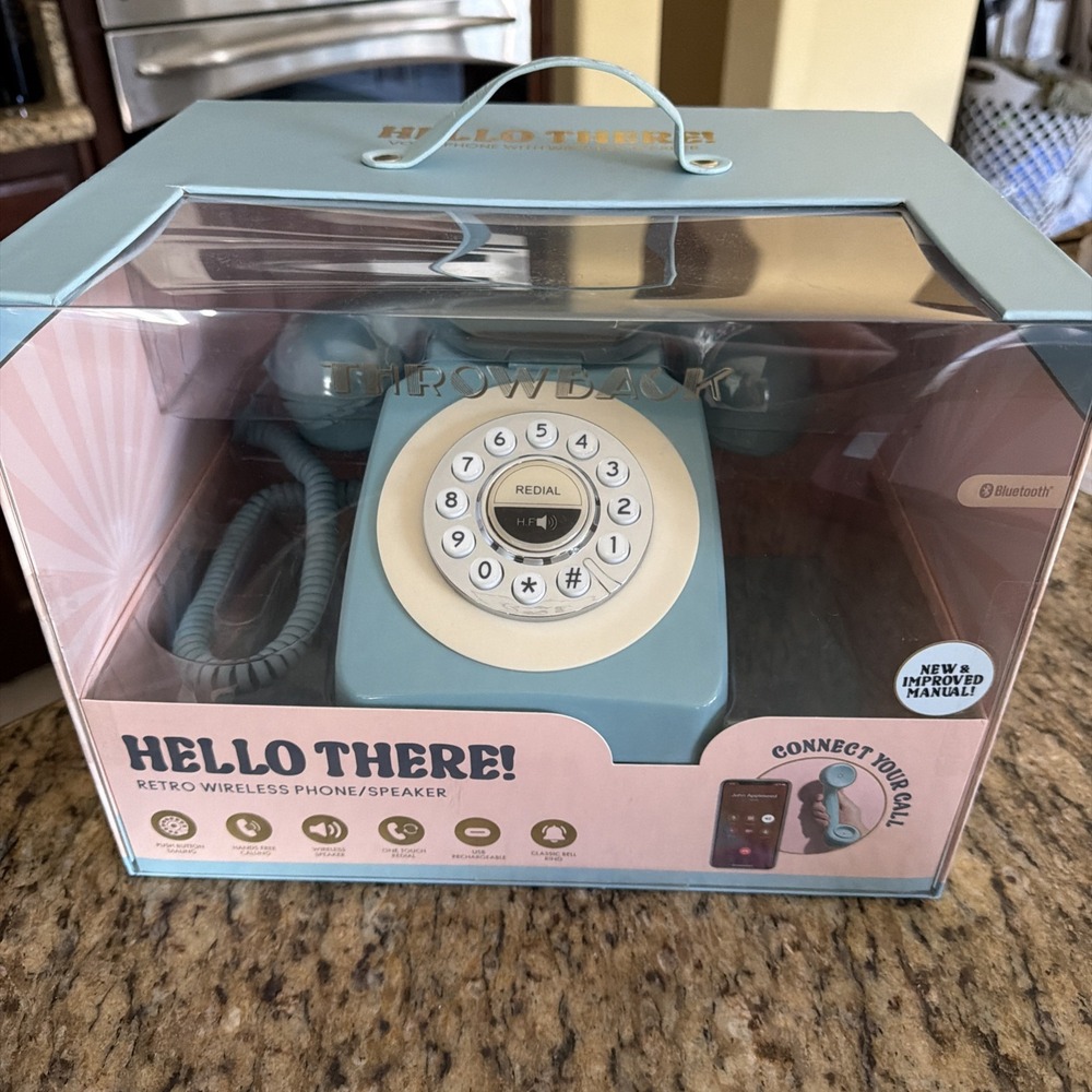 Throwback Hello There! Retro Cordless Phone Bluetooth Speakerphone Blue